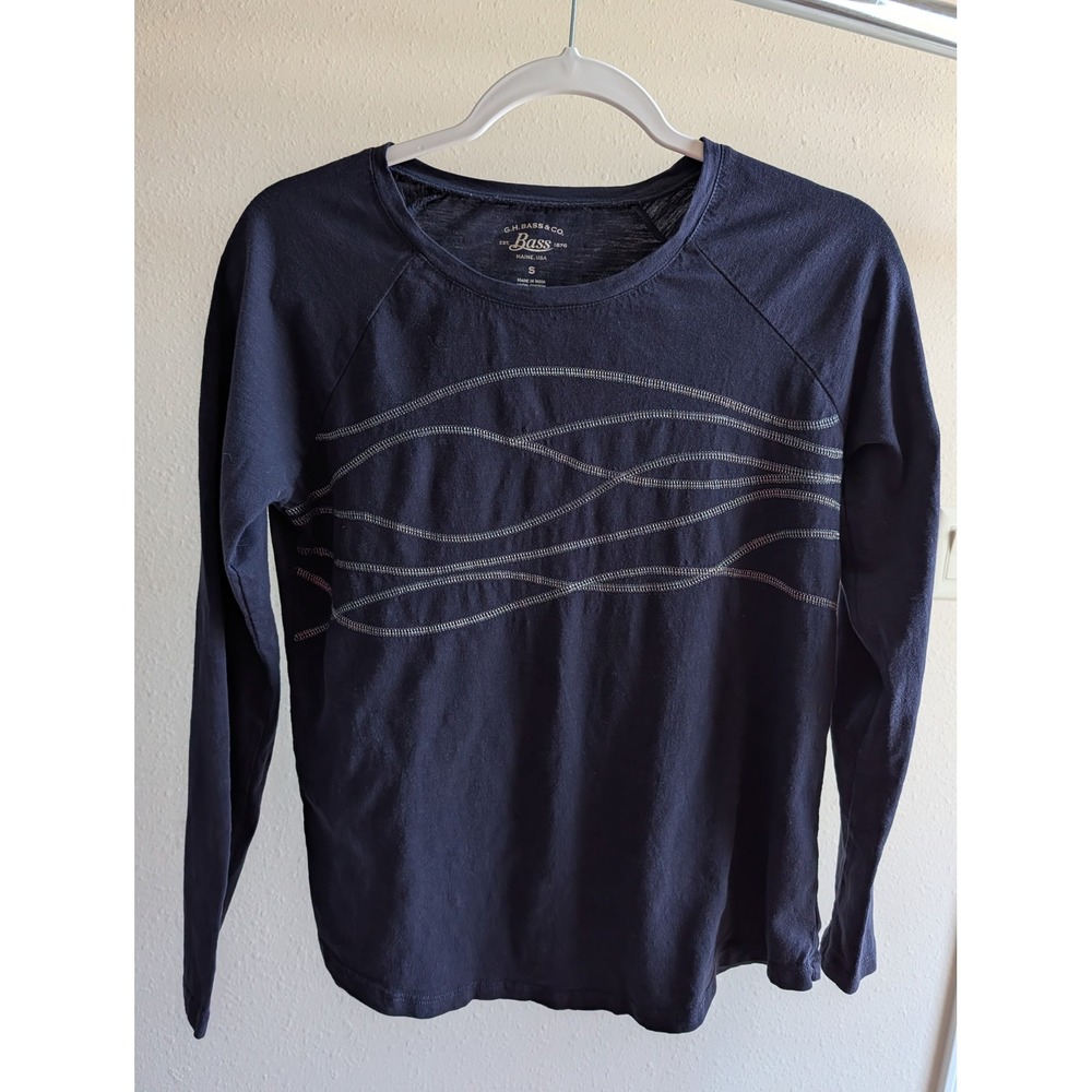 GH‎ Bass Navy Blue Long Sleeve Slub Knit Top Wavy Contrast Stitching Small
